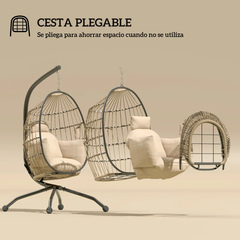 Outsunny Silla Colgante con Soporte Cesta Plegable Cojín y Reposacabezas para Interior y Exterior Carga 120 kg Caqui