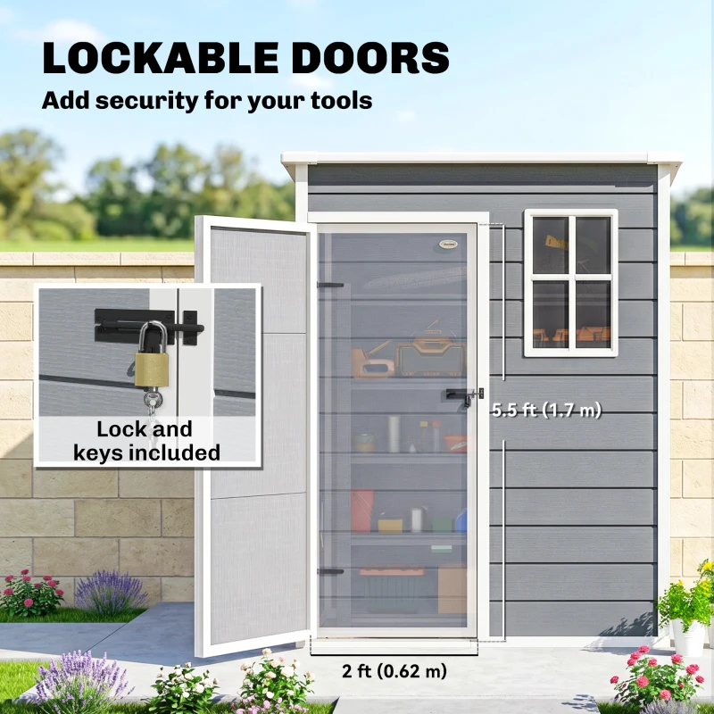 Outsunny 5' x 3' Plastic Garden Shed with Floor, Outdoor Storage Shed with Lockable Door, Window and Vent for Garden, Patio, Grey