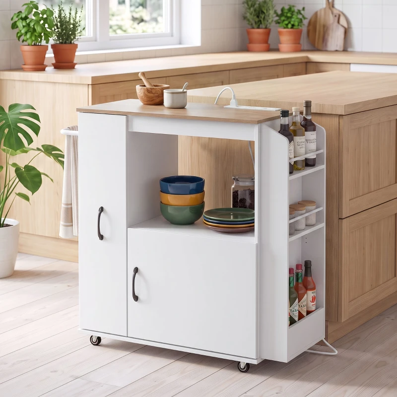 HOMCOM Kitchen Trolley on Wheels, Rolling Kitchen Island Cart with Power Outlet, Cabinet, Pull-Out Drawer, White