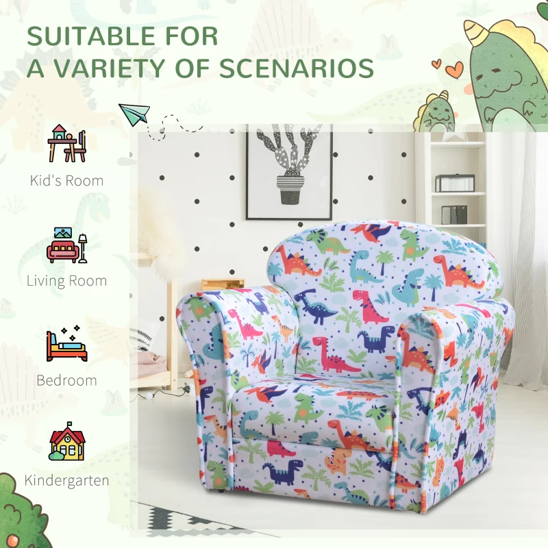HOMCOM Children's Armchair Flannel Kids Sofa Tub Chair Cartoon Dinosaur Pattern Wooden Frame Bedroom Playroom Seater Multicolour