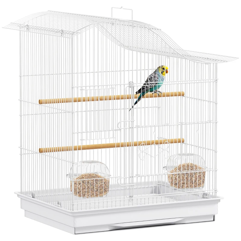 PawHut Colivie pentru Păsări cu 4 Uși, 2 Boluri, 2 Stinghii și Tavă Detașabilă, Volieră din Metal și Plastic, 47,5x36x54,5 cm, Alb