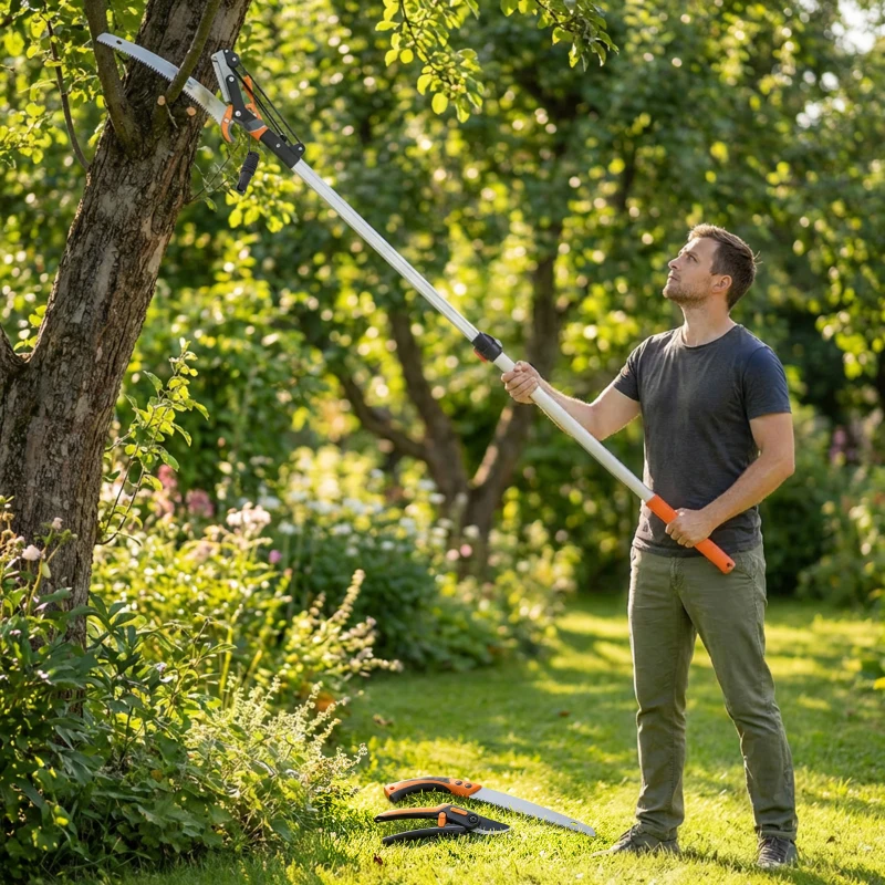 Outsunny Fierăstrău și Foarfecă cu Tijă Telescopică 135-199 cm din Aluminiu, pentru Ramuri Înalte, Portocaliu