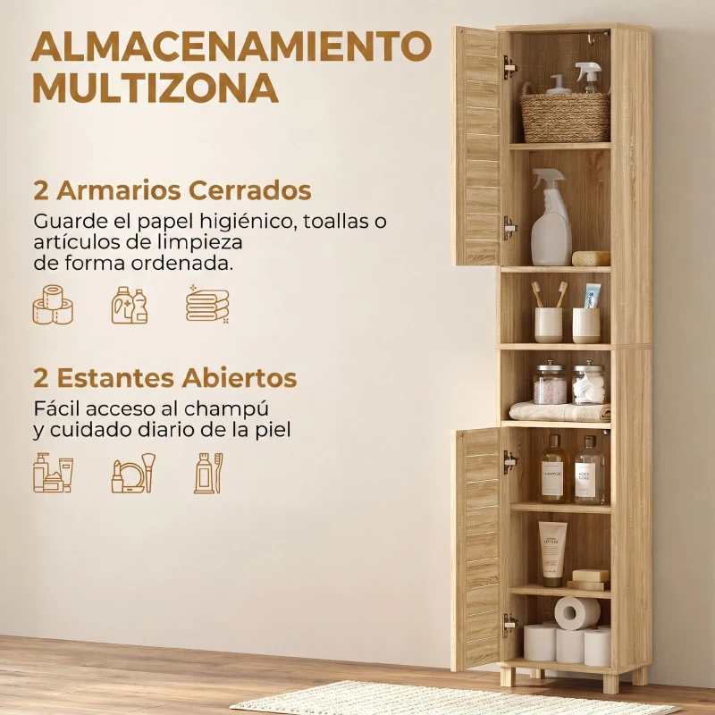 HOMCOM Armario Alto para Baño con Estantes Ajustables Puertas de Lamas Apertura por Presión 34x23x170 cm Natural
