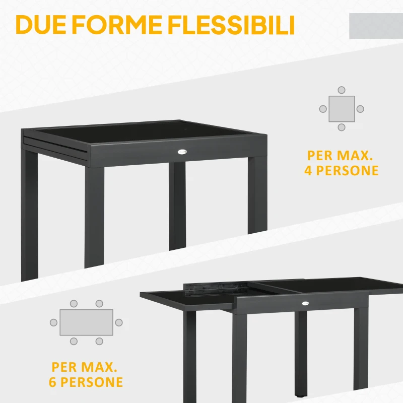 Outsunny Tavolo da Pranzo Allungabile da Giardino con Piano in Vetro e Alluminio, 80-160x80x75 cm, Nero