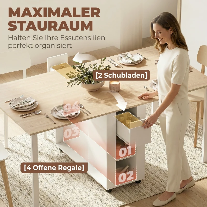 HOMCOM Klapptisch für 6 Personen, 168 cm großer ausziehbarer Esstisch mit 2 Schubladen & 4 Ablagefächern