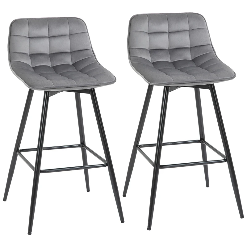 HOMCOM Lot de 2 tabourets chaises de bar design en velours capitonné et métal hauteur 64,5 cm - gris