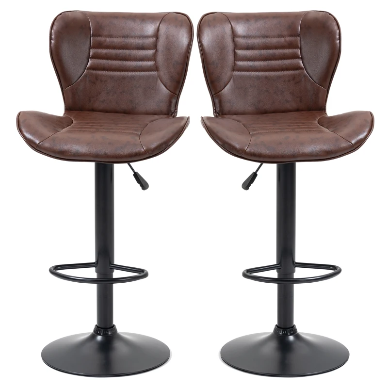 HOMCOM Juego de 2 Taburetes de Bar Tapizado en Cuero Sintético Taburetes Altos de Comedor Regulable en Altura Giratorio con Respaldo y Reposapiés 46,5x54x88-108 cm Marrón