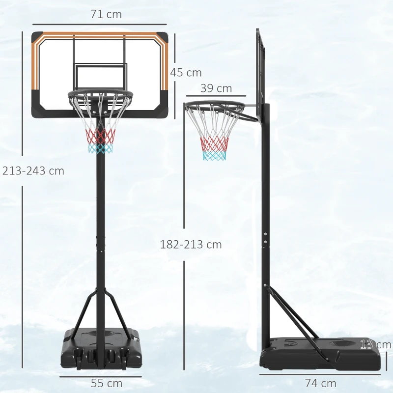 SPORTNOW Height Adjustable Basketball Stand Net Set System, Freestanding Basketball Hoop and Stand with Wheels, 182-213cm - Black