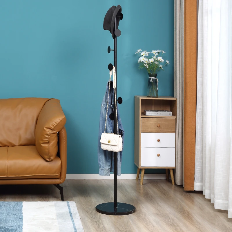 HOMCOM Coat Rack, Free Standing Hat Stand with 8 Hooks for Clothes, Hats, Steel Coat Stand with Marble Base for Entryway, Bedroom, Black