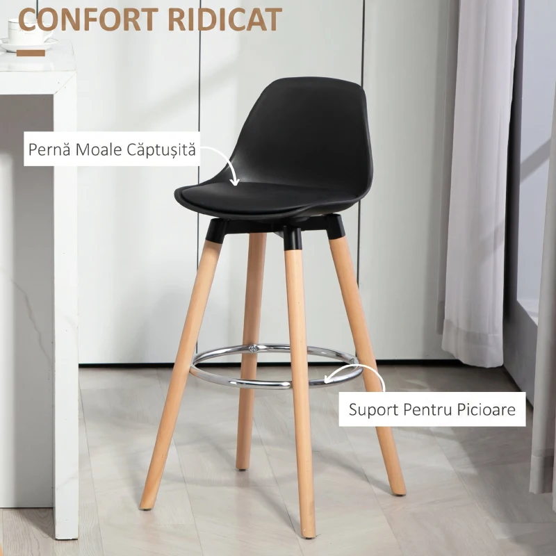 HOMCOM Set 2 Scaune de Bar Moderne din Piele Ecologică, Scaune Înalte de Bucătărie, Negru