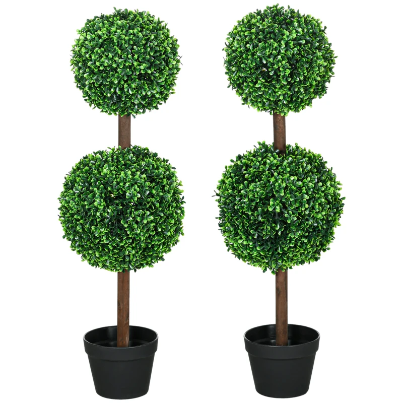 HOMCOM Lot de 2 arbres buis artificiel double boules avec tronc et pot inclus - hauteur 90 cm vert