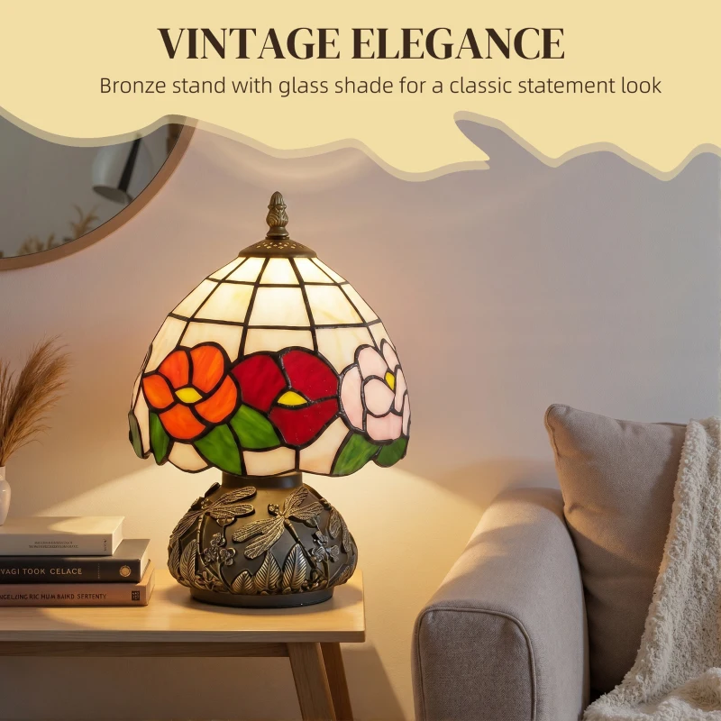 HOMCOM Handcrafted Classic Stained Glass Bedside Lamp, Tiffany-Style Table Lamp with Sculpted Dragonfly Base, Multi-Coloured