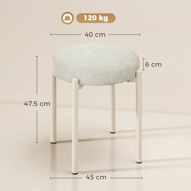 HOMCOM Set de 4 Taburete Stivuite Rotunde cu Șezut Tapițat, fără Spătar, Economisire de Spațiu, 45 x 45 x 47,5 cm, Crem