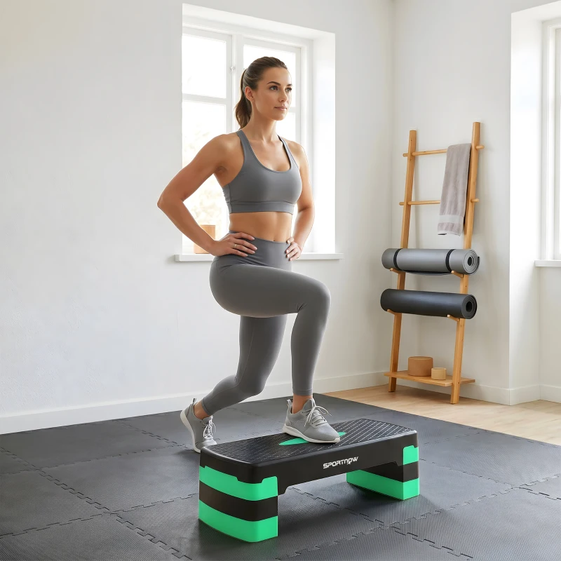 SPORTNOW Stepper aerobic reglabil, cu extensii pentru ridicare, platformă step aerobic pentru antrenamente acasă, fitness, cardio și forță, pentru bărbați și femei, înălțime 10/15/20cm, verde