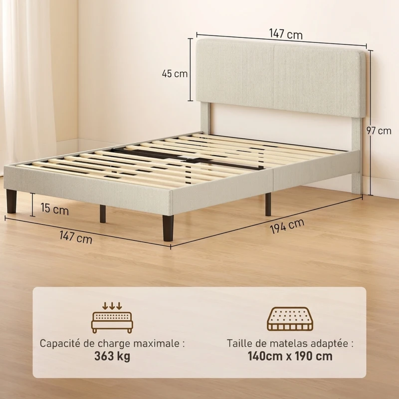 HOMCOM Struttura Letto 140x190 cm con Testiera Regolabile e Rete a Doghe, Velluto a Coste, Grigio