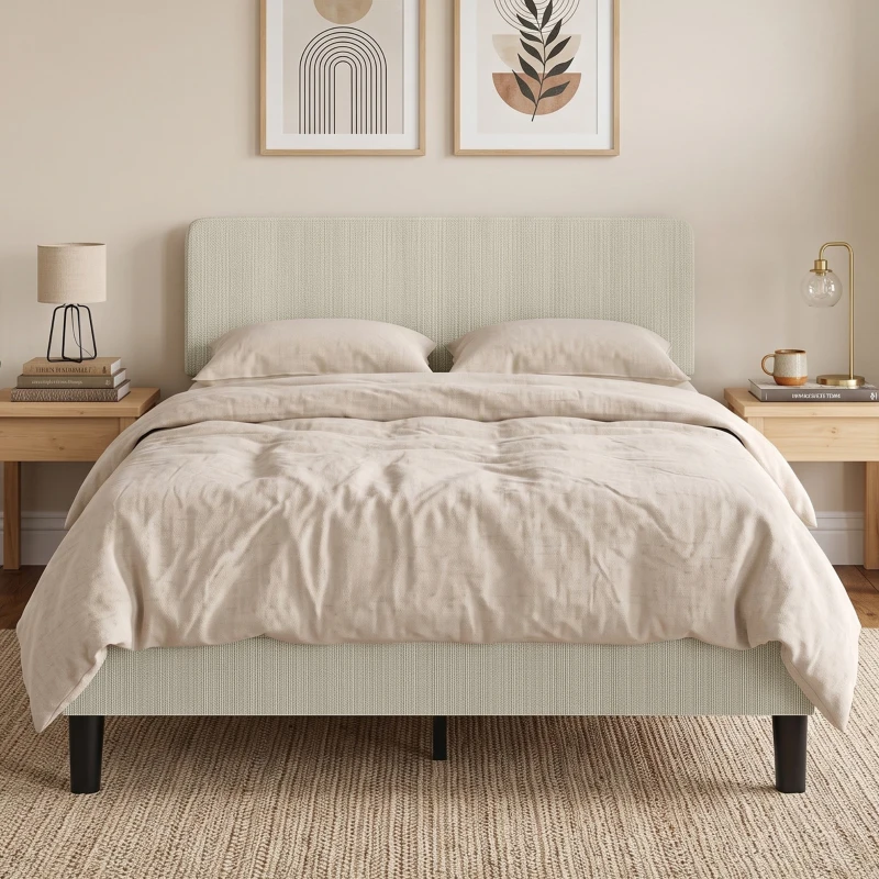 HOMCOM Cadru de pat 140 x 190 cm cu somier, tăblie reglabilă, pat dublu capitonat în velur côtelat, fără zgomot, gri deschis