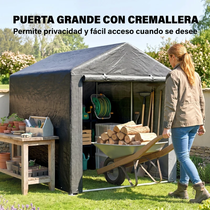 Outsunny Carpa para Herramientas Bicicletas y Motos 1,6x2,2x1,7 m con 2 Habitaciones Puerta con Cremallera Impermeable Gris