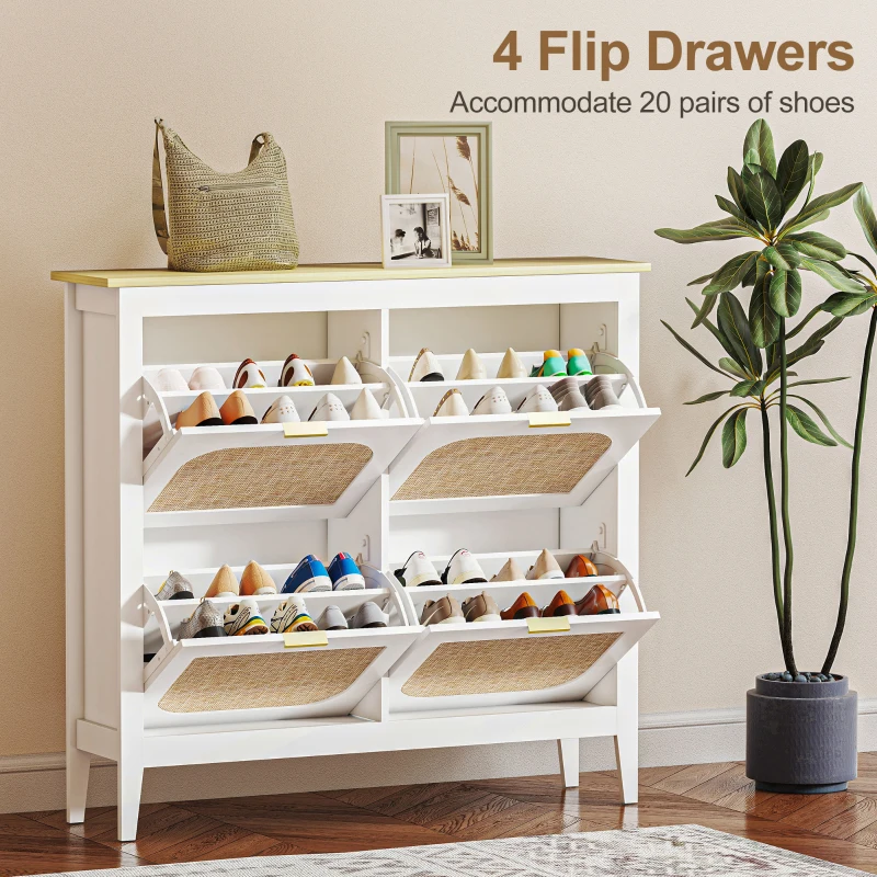 HOMCOM Narrow Shoe Cabinet, Boho Slim Shoe Storage Cabinet with 4 Flip Drawers, Holds 20 Pairs, White