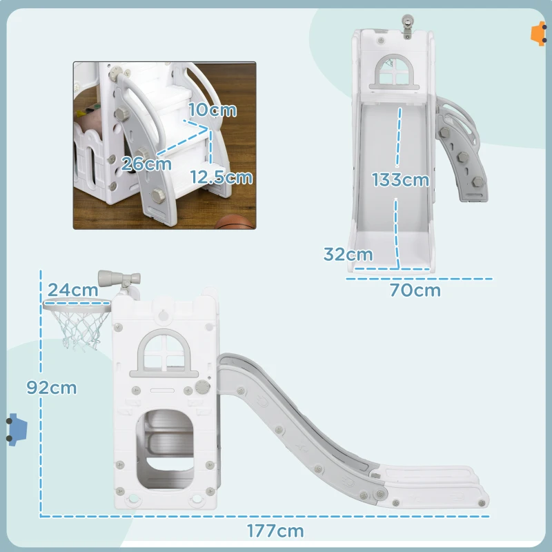 AIYAPLAY 5 in 1 Toddler Slide with Basketball Hoop, Climber, Telescope, Storage Basket, for Ages 1-3 Years, Grey