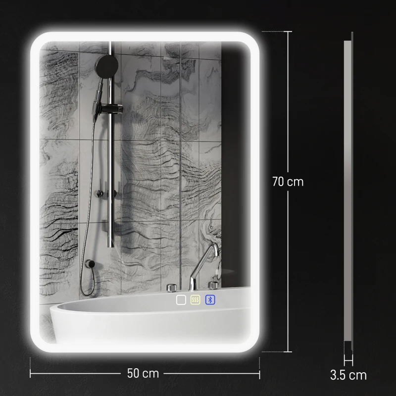 HOMCOM 50 x 70 cm Backlit Illuminated Bathroom Mirror with LED Lights and Bluetooth - Silver Tone