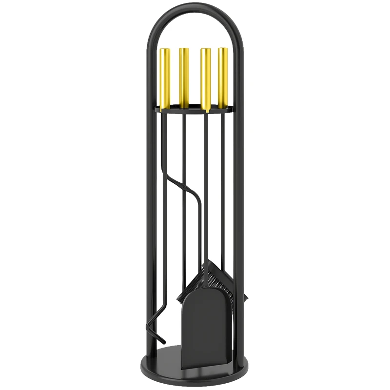 Outsunny Juego de Utensilios para Chimenea de 5 Piezas de Metal con Escoba Pala Tenazas Atizador y Soporte 20x20x71 cm Dorado