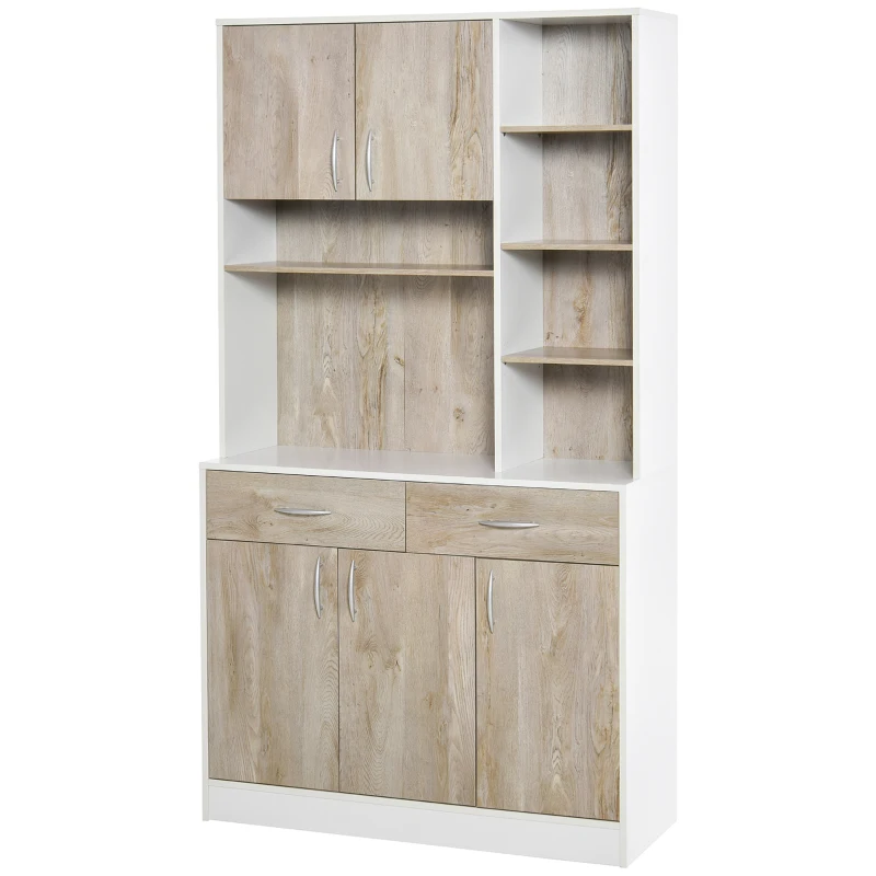HOMCOM Mobile Buffet Dispensa Cucina, Ante Cassetti e Vani Aperti, 100L x 39P x 181.5Acm Bianco e Legno
