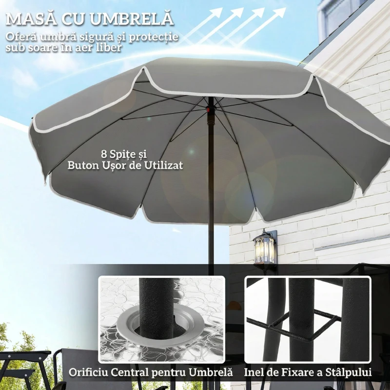 Outsunny Set de Grădină 6 Piese din Oțel cu 4 Scaune Pliabile, Umbrelă și Masă Rotundă, Gri și Negru
