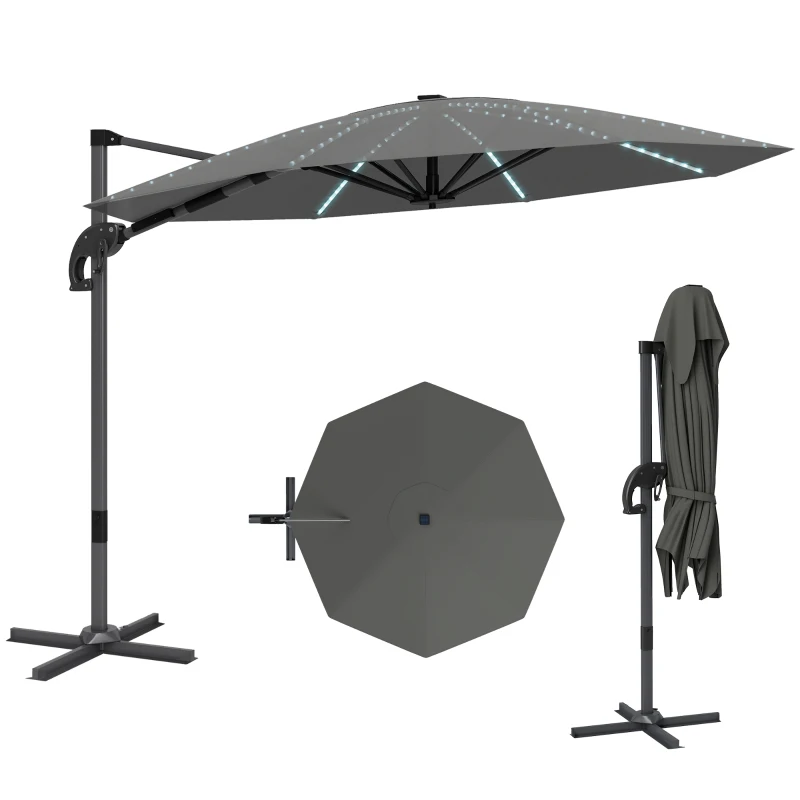 Outsunny Alu Ampelschirm LED Solar Ø300 cm höhenverstellbar Sonnenschirm mit Kurbel Ständer UV50+ Dunkelgrau