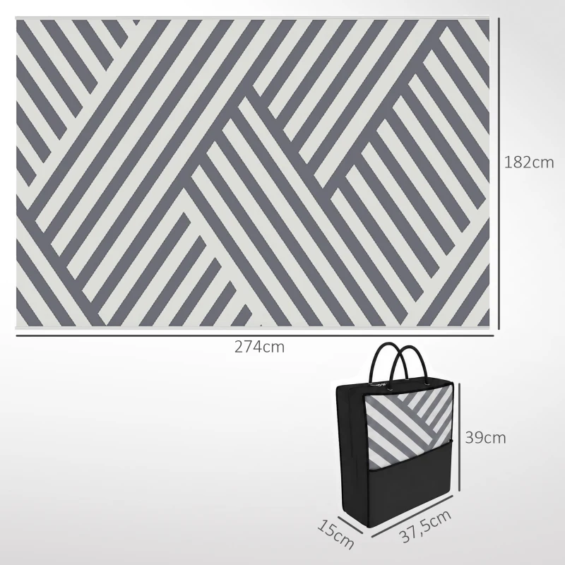 Outsunny Outdoor Wendeteppich, wasserfest, gestreift, 182x274cm, Grau/Creme