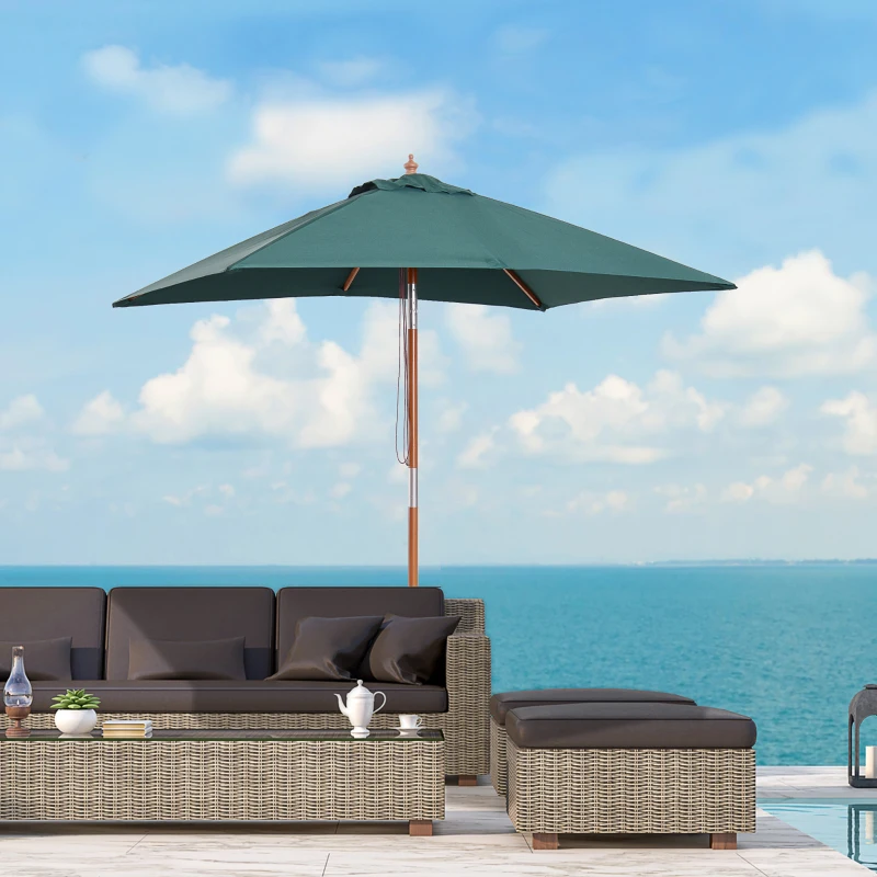Outsunny Sombrilla Terraza Exterior 200x150 cm Sombrilla de Jardín Rectangular con Ángulo Ajustable Mástil de Madera y Manivela Parasol para Patio Terraza Verde