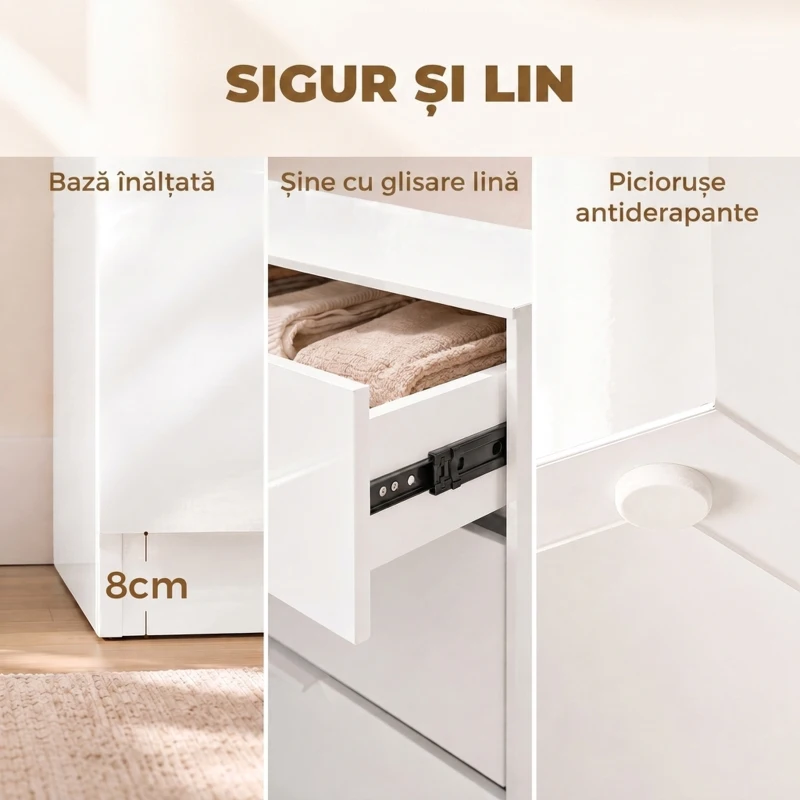 HOMCOM Comodă Alb Lucios cu 4 Sertare și șine Glisante
