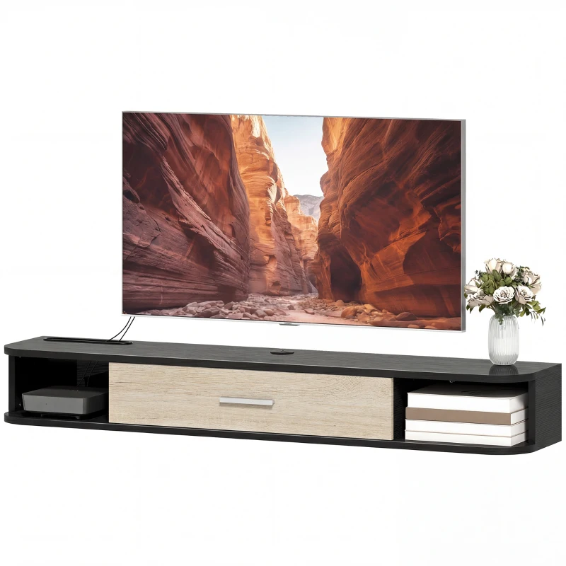 HOMCOM Meuble TV Suspendu 120 cm, Meuble télé jusqu'à 50 Pouces, Porte Rabattable, 2 Étagères Ouvertes et Passe-câbles, Noir