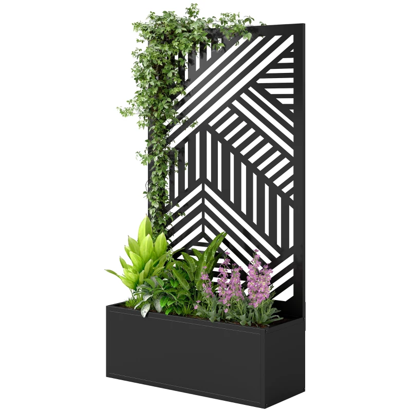 Outsunny Metal Garden Bed for Garden with Trellis, Raised Garden Bed with Privacy Screen, Geometric Slatted Cut-Out