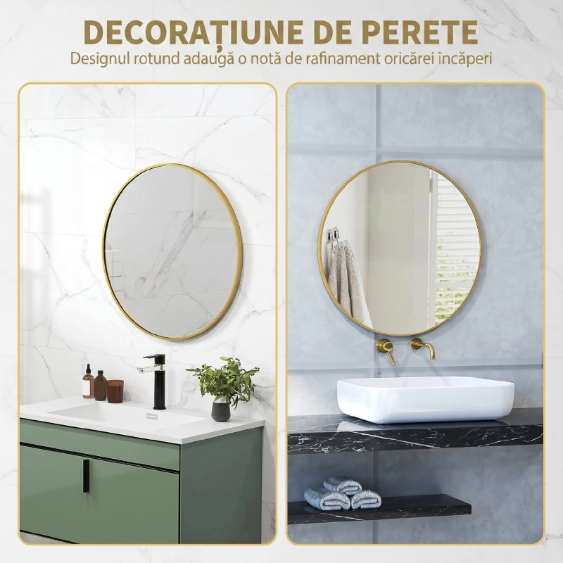 HOMCOM Oglindă rotundă pentru baie cu suprafață rezistentă la șocuri, din sticlă și oțel, Ø70x2,5 cm, culoare aurie