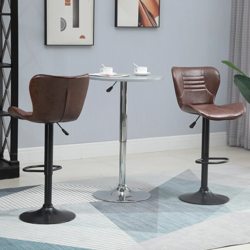 HOMCOM Juego de 2 Taburetes de Bar Tapizado en Cuero Sintético Taburetes Altos de Comedor Regulable en Altura Giratorio con Respaldo y Reposapiés 46,5x54x88-108 cm Marrón