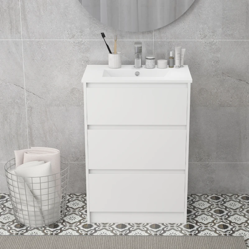 kleankin 600mm Bathroom Vanity Unit with Basin and Single Tap Hole, High Gloss White Floor Standing Bathroom Sink Unit with 2 Drawers for Cloakroom