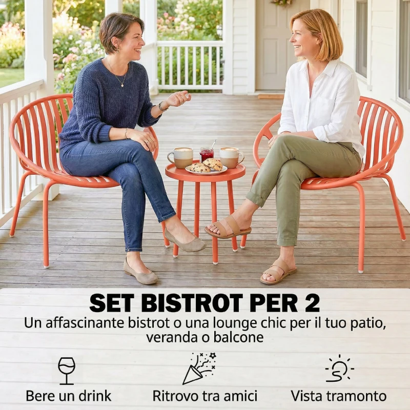 Outsunny Set Bistrot 3 Pezzi, Arredo Esterno Compatto in Metallo, Rosso Mattone