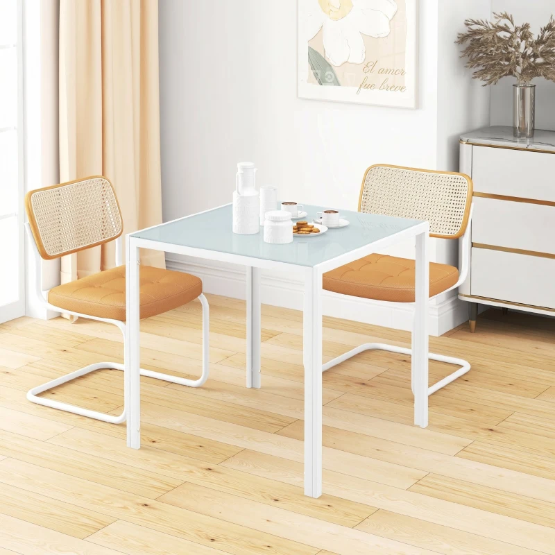 HOMCOM Mesa de Comedor de Cristal Mesa de Cocina Cuadrada para 4 Personas con Patas de Metal para Salón 75x75x75 cm Blanco