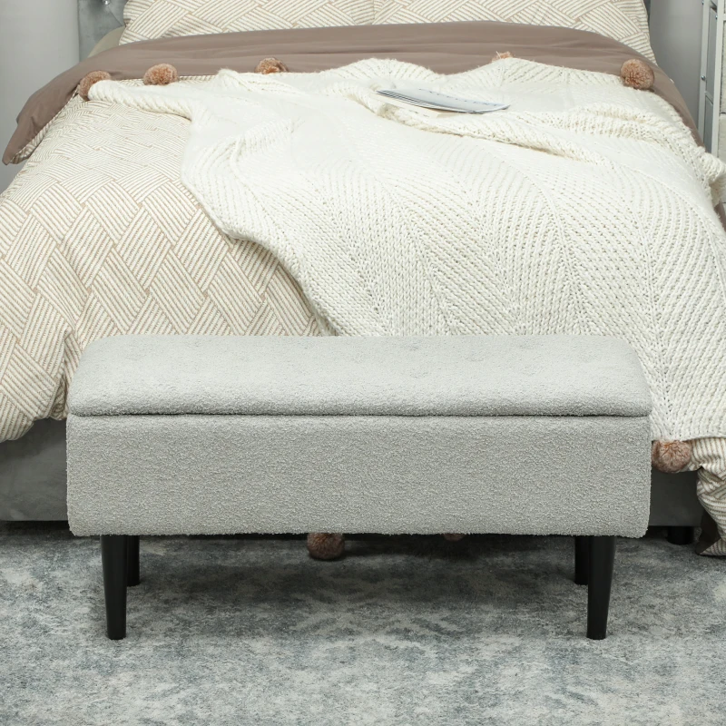 HOMCOM Banc de rangement coffre de rangement revêtement bouclette, pieds en bois de caoutchouc 95 x 38 x 45 cm gris