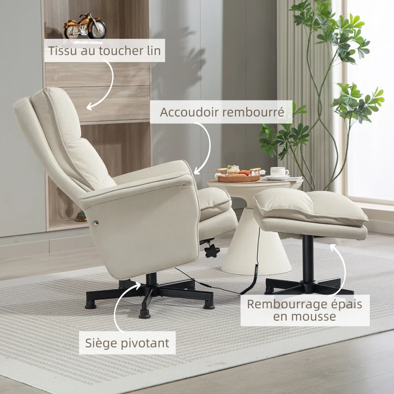 HOMCOM Fauteuil massant électrique relaxant avec repose-pieds et télécommande tissu imitation lin 78 x 93 x 99 cm beige