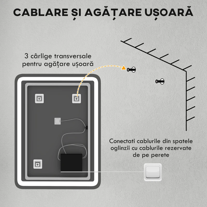 HOMCOM Oglindă de Baie LED Touch cu Lumină Reglabilă, la 3 Temperatură și Anti-Ceață, 60x80 cm