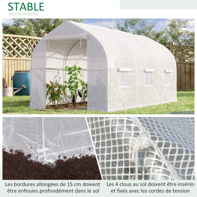 Outsunny Serre tunnel de jardin 8m², serre de jardin tunnel avec 1 portes et 6 fenêtres, bâche PE 140g/m² 400x200x200cm blanc