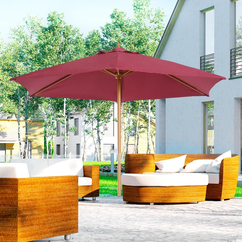 Outsunny Ombrellone da Giardino Rotondo, in Legno e Poliestere con Apertura a Corda, 2.5x2.3 m, Bordeaux