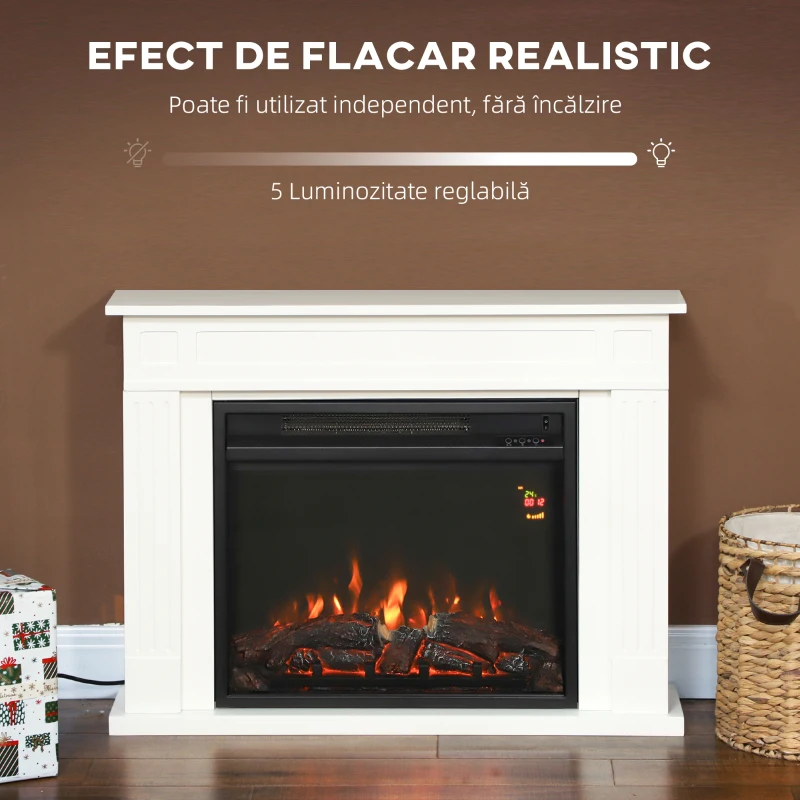 HOMCOM Șemineu Electric cu Flacără Reglabilă pe 5 Niveluri de Luminozitate, Telecomandă și Timer, 98x23,5x69,5 cm, Alb și Negru