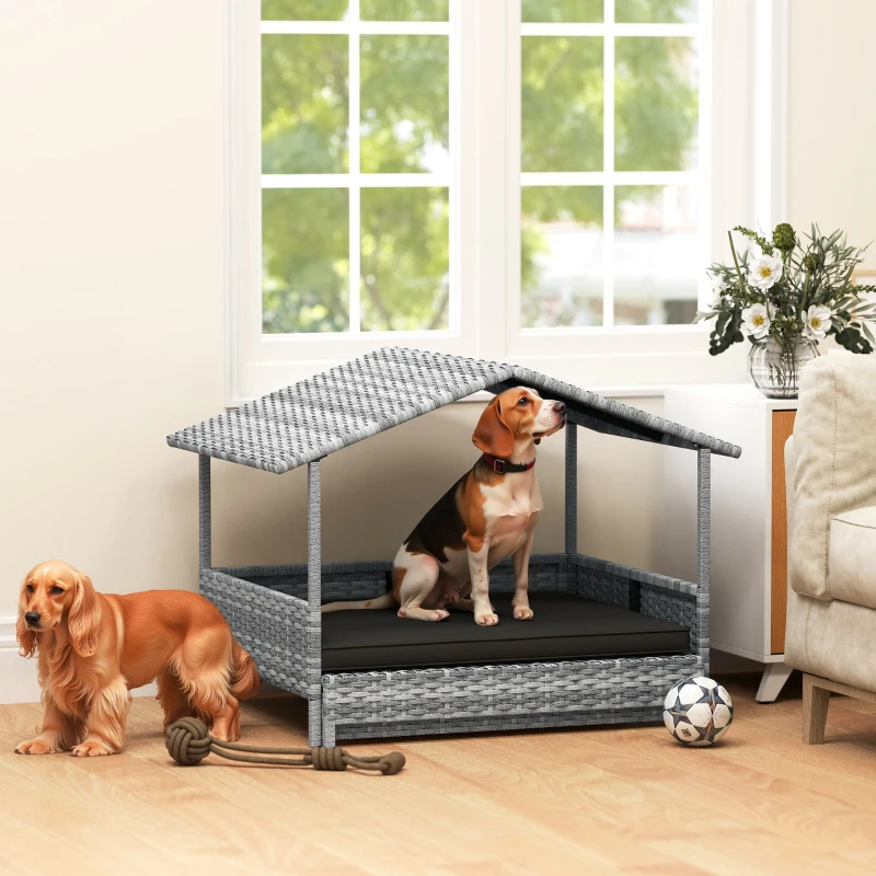 PawHut Extendable Elevated Dog Bed, Rattan Dog House, with Water-Resistant Roof, Removable Cushion, Charcoal Grey