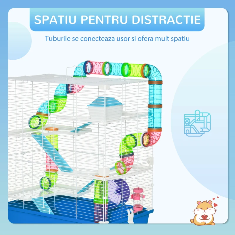 PawHut Cușcă pentru hamsteri cu 5 niveluri, cu tuburi, căsuță, rezervor de apă și roată, din oțel, PP și PS, 59x36x69 cm, albastră și albă