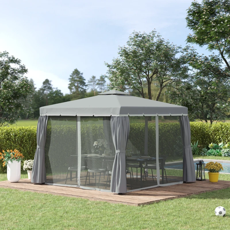 Outsunny Tonnelle de jardin extérieur 3 x 3 m, barnum avec toit double, rideaux et moustiquaire, cadre en aluminium, gris foncé