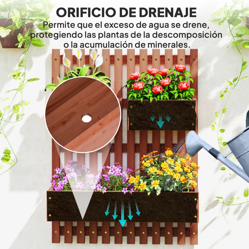 Outsunny Jardinera de Pared de Madera con Enrejado y 3 Macetas Móviles para Jardín Terraza Patio 60x16x80 cm Marrón