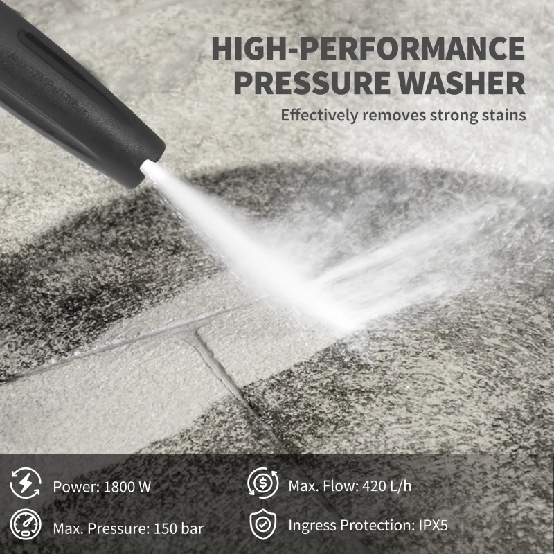 Outsunny 1800W High Pressure Washer, 150 Bar Pressure, 420 L/h Flow, Portable Power Washer Jet Wash Cleaner with Adjustable Nozzle, 6M Hose, Hose Reel, Steel Handle for Home Patio Car Driveway, Yellow