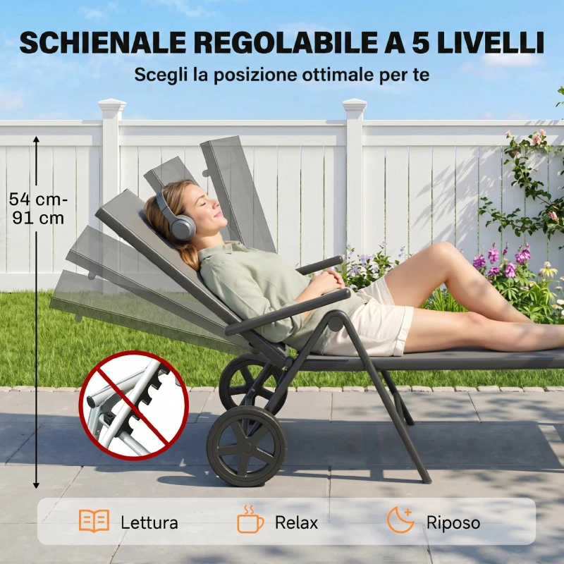 Outsunny Lettino Sdraio Pieghevole e Reclinabile in 5 Posizioni con Rotelle, in Metallo e Textilene, 72x158x84 cm, Grigio